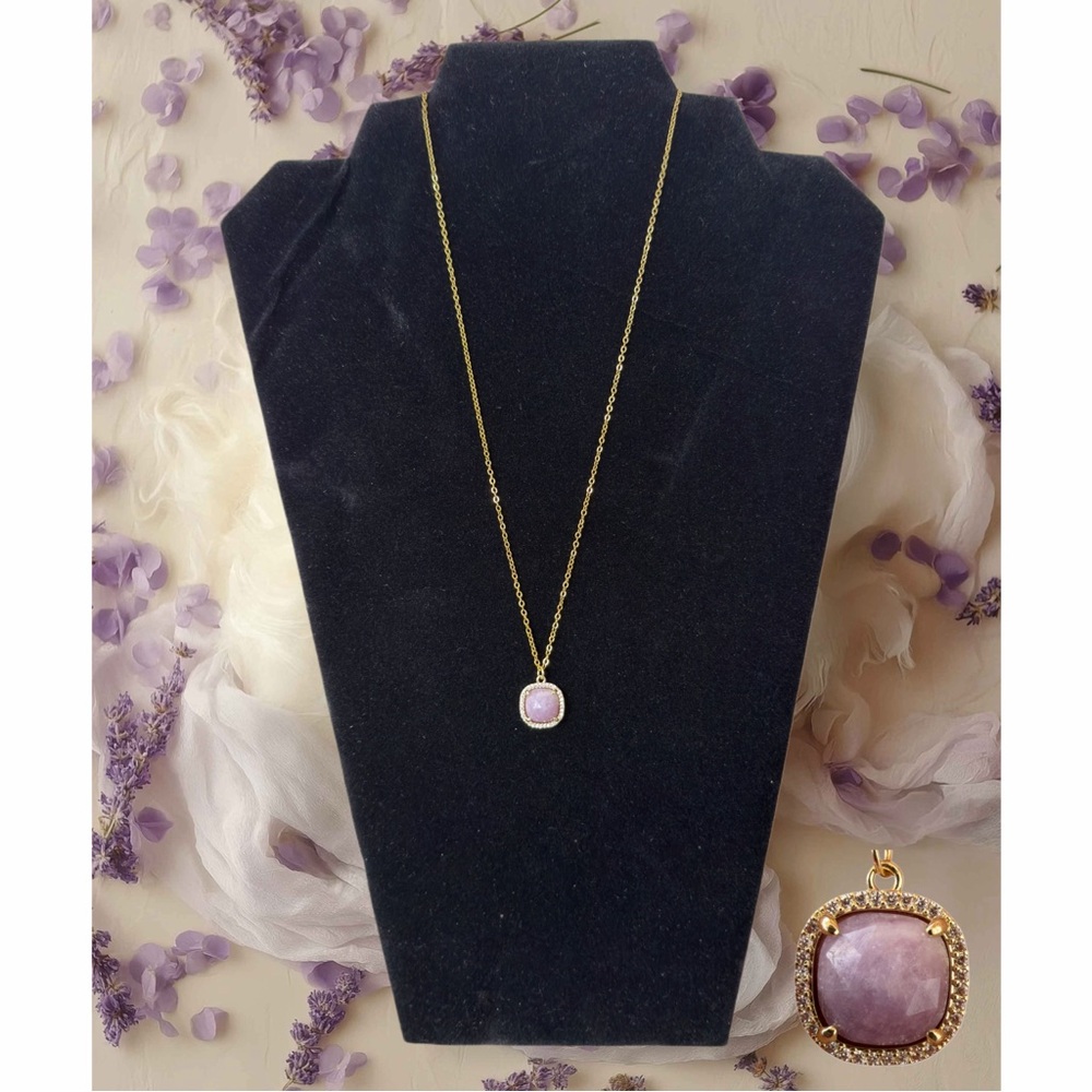 Handmade 18k gold 18” chain necklace featuring lepidolite crystal pendent.